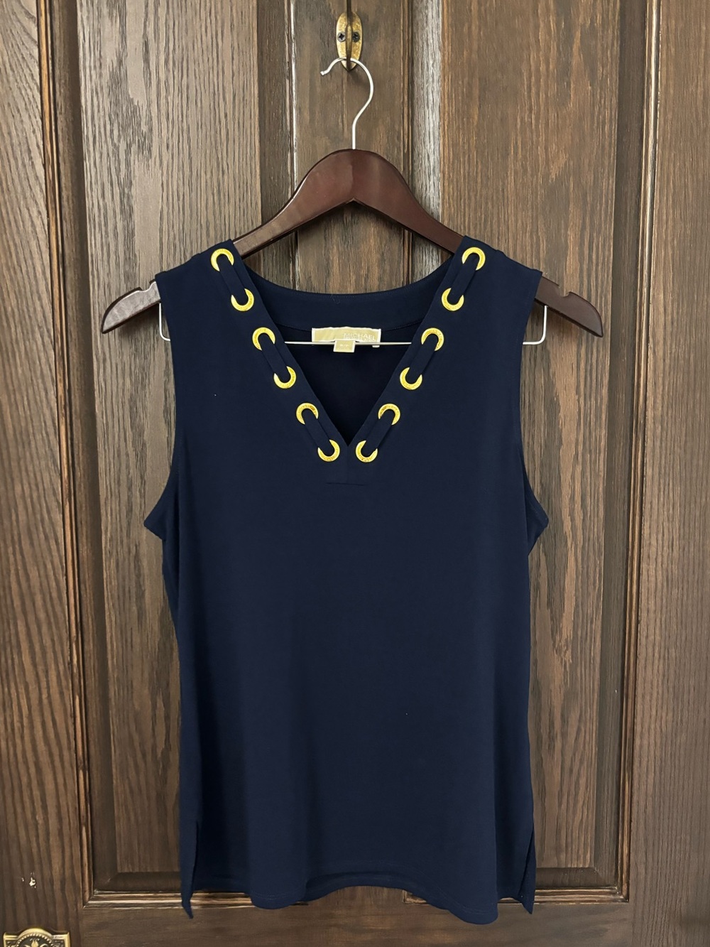Michael Kors Navy Sleeveless Tank with Gold Eyelet Trim